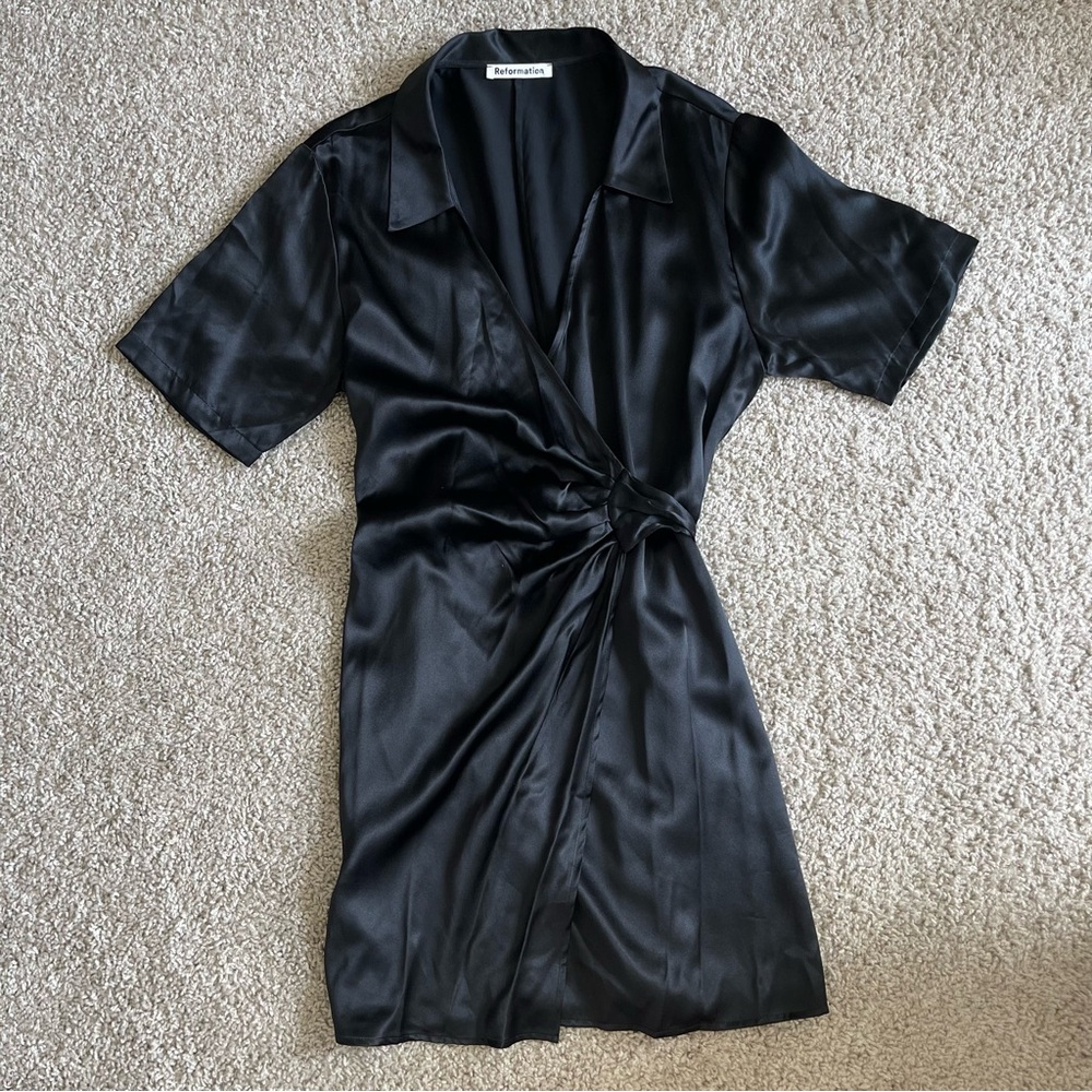 Reformation 100% Silk Waist Tie Luxe Black Dress